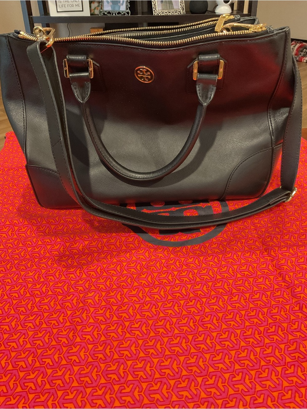 Tory Burch Black Leather Satchel with Gold Hardware